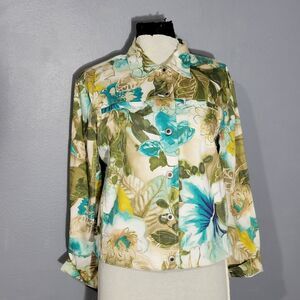 Caribbean Joe Women's Jean Jacket Size Large Floral Design  4 pockets
